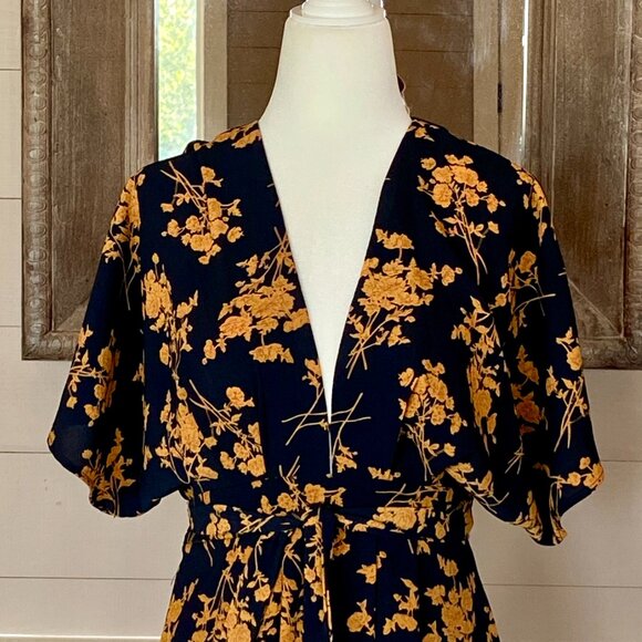 90's Y2K Fit and Flare, Black and Gold Floral Mini Dress Sz S - Picture 2 of 7